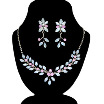 Pink and Blue Opal Vine Leaves Necklace set , Long Bridal Jewelry Crystal Necklace Bridal Earrings Statement Earrings